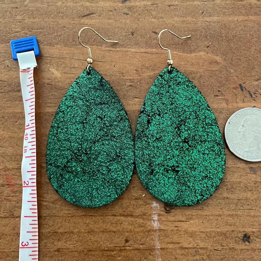 Green and Black Sparkly Leather Teardrop Earrings